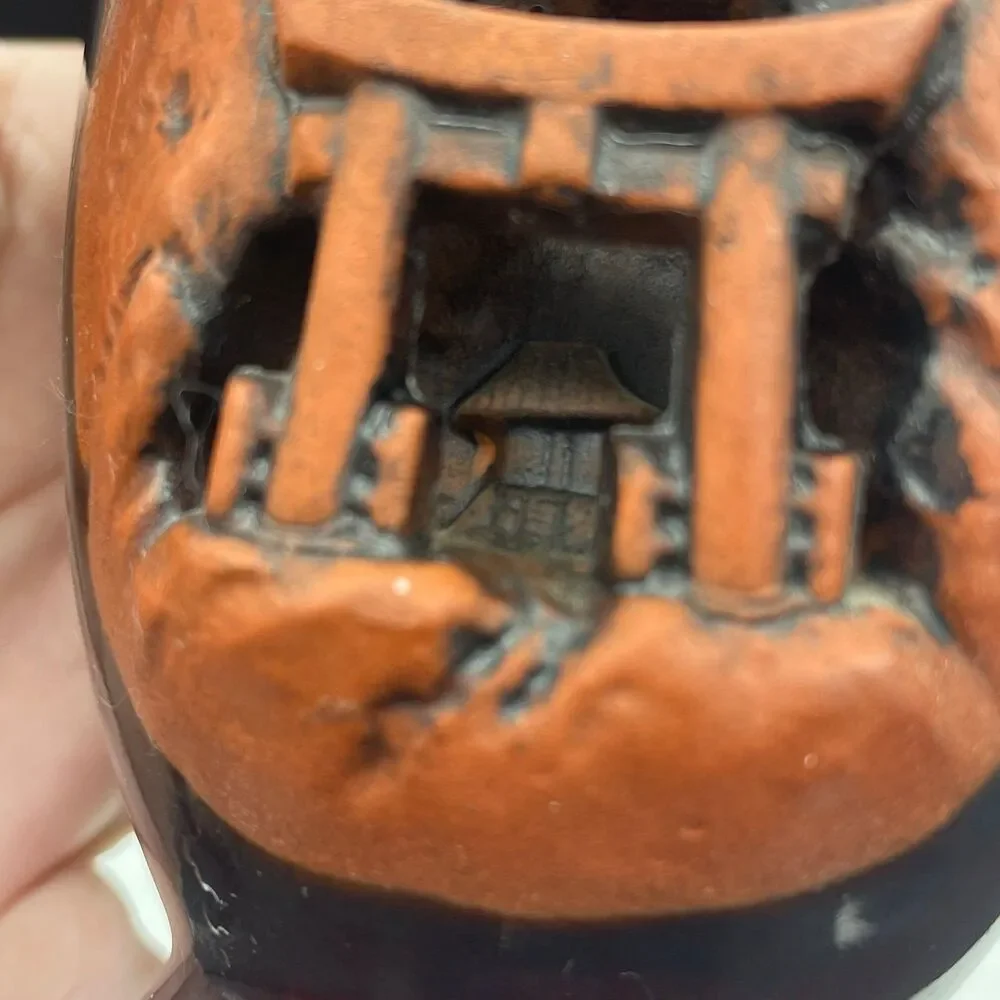 Vintage Japanese Banko Ware Carved Relief Vase Torii Gate Pine Tree